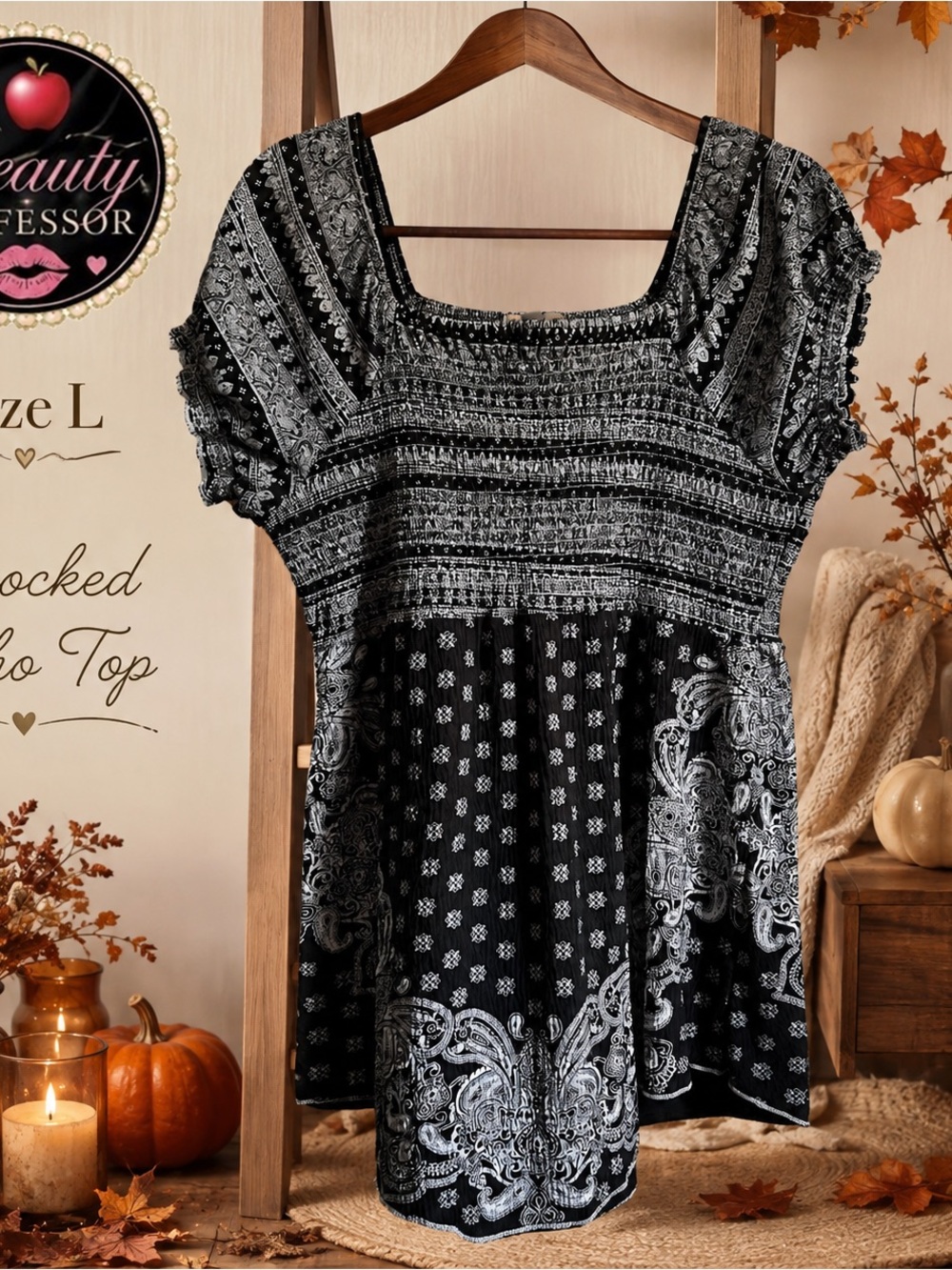 💕 CB Established 1962 Large Black White Smocked Paisley Boho Tunic Top